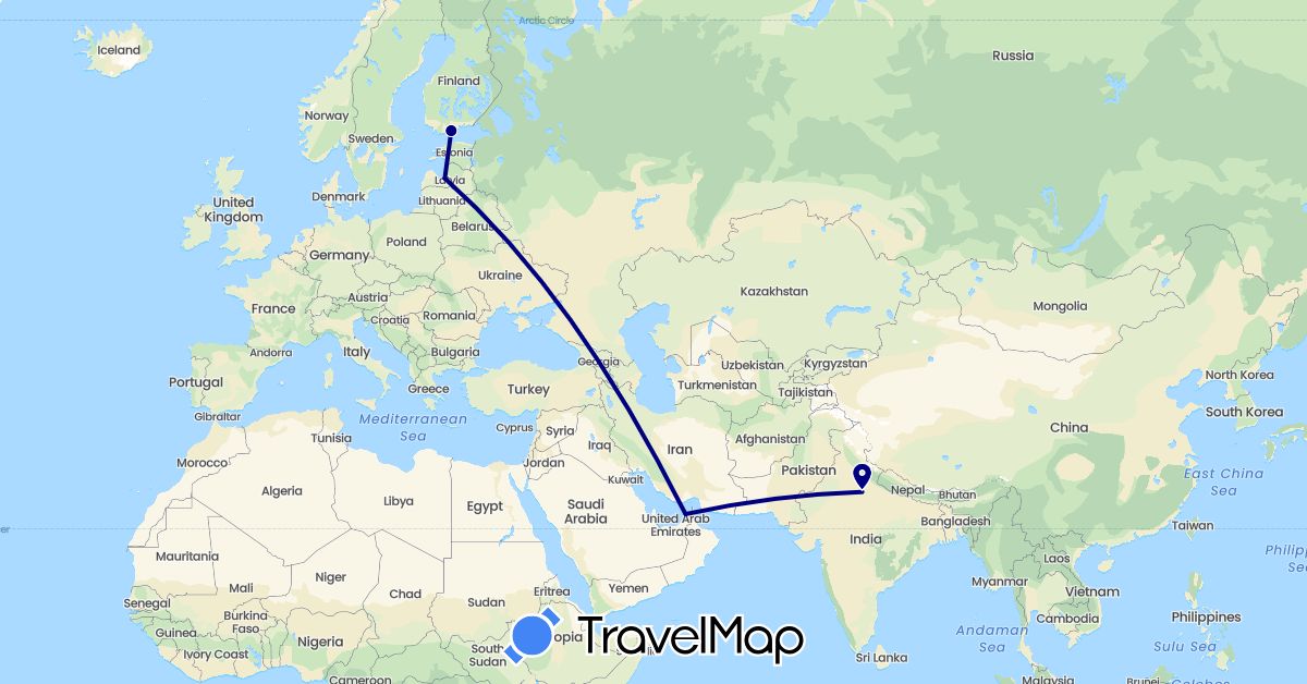 TravelMap itinerary: driving in United Arab Emirates, Finland, India, Latvia (Asia, Europe)